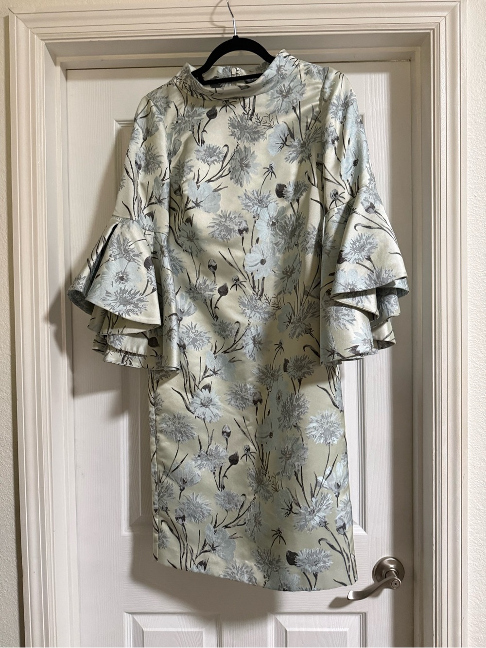 Badgley Mischka Pale Green Floral Ruffle-Sleeve Mini Dress